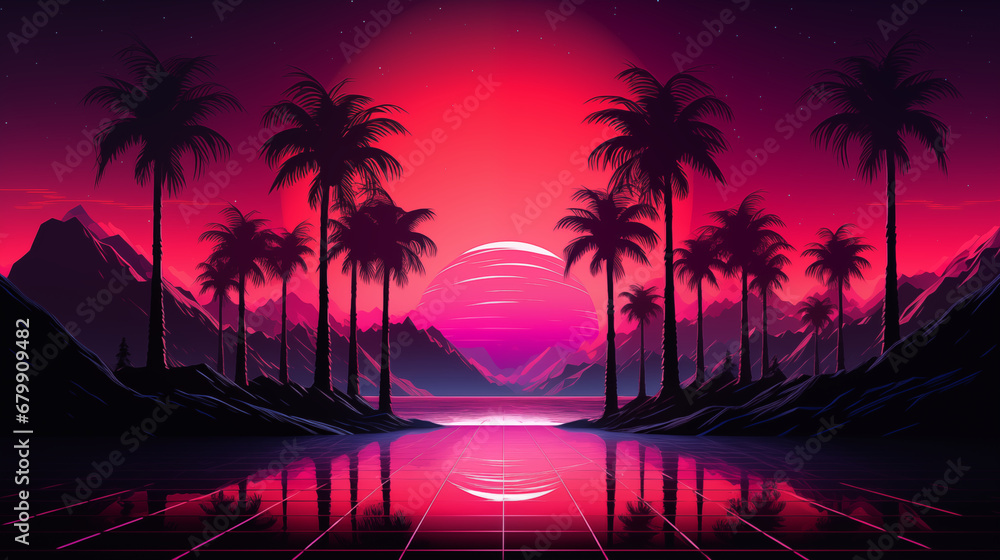 Fototapeta premium Silhouette abstract synthwave illustration landscape with tropical sunset with palms and 80s, 90s Retrofuturism, Retro wave cyber grid. bottom surfaces. Neon lights glowing. Starry background