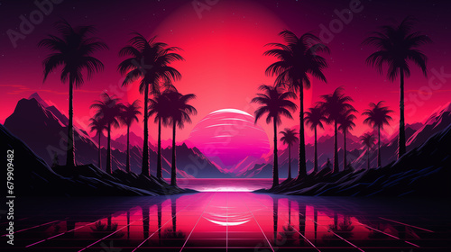 Silhouette abstract synthwave illustration landscape with tropical sunset with palms and 80s, 90s Retrofuturism, Retro wave cyber grid. bottom surfaces. Neon lights glowing. Starry background