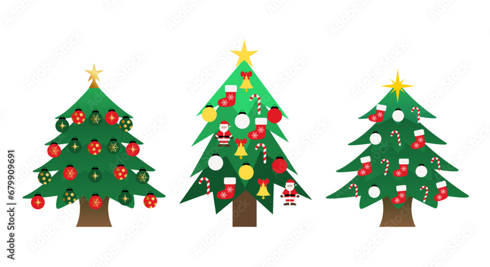 Decorated Christmas trees. Ball, star, bell, sock, Santa Claus, cane, snowflake.