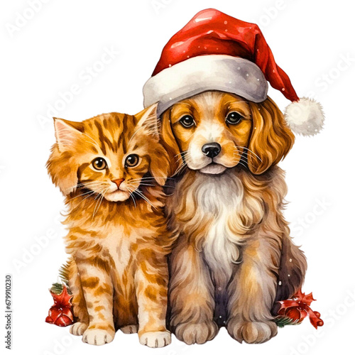 cute dogs and cats  Wearing a Santa Claus hat, Santa suit, Christmas day, transparent background © Yuparet