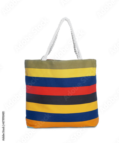 Stylish striped beach bag isolated on white