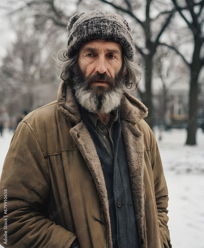 Portrait of a Rugged Bearded Man in Winter Attire Standing in a Snowy Park with Trees and People in the Background, Exhibiting a Thoughtful Demeanor