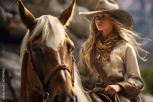 Riding into Elegance: Beautiful Cowgirl with Cowboy Hat Gracefully atop a Majestic Horse © Milos