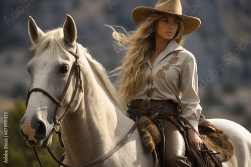 Riding into Elegance: Beautiful Cowgirl with Cowboy Hat Gracefully atop a Majestic Horse © Milos