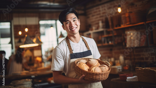 パン屋で働くアジア人男性