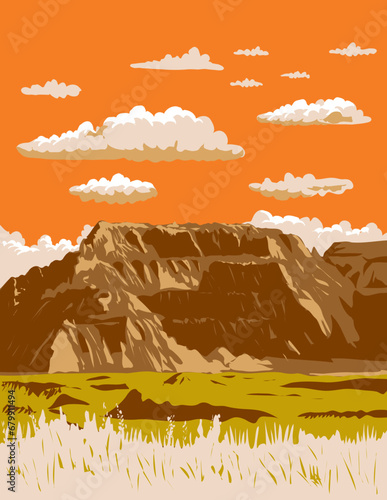WPA poster art of sharply eroded buttes and pinnacles in Badlands National Park located in southwest South Dakota USA done in works project administration or federal art project style.
 photo