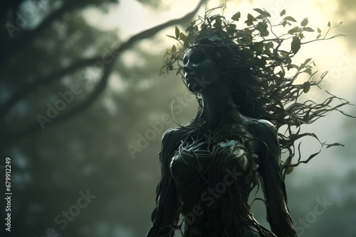 Fantasy beautiful dryad woman in fairy forest. Fabulous mythical creature symbolizing Earth. Magic character, pagan spirit of the forest. Nature and man concept 