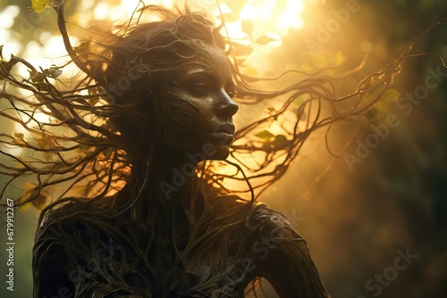 Fantasy beautiful dryad woman in fairy forest. Fabulous mythical creature symbolizing Earth. Magic character, pagan spirit of the forest. Nature and man concept 