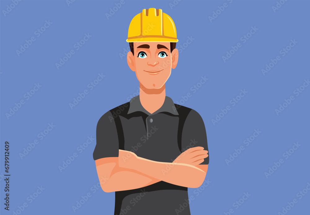 Construction Worker Standing with Arms Crossed Vector Character. Cheerful repairman standing in confidence wearing protective equipment
Construction Worker Standing with Arms Crossed Vector Character. Cheerful repairman standing in confidence wearing protective equipment
