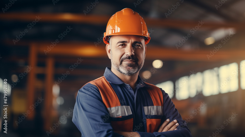 Portret pracownika specjalisty na hali produkcyjnej w pomarańczowym kasku - obrazy, fototapety, plakaty 