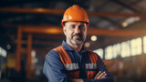 Portret pracownika specjalisty na hali produkcyjnej w pomarańczowym kasku