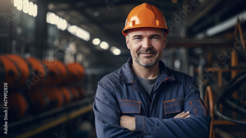 Portret pracownika, specjalisty na hali produkcyjnej w pomarańczowym kasku
