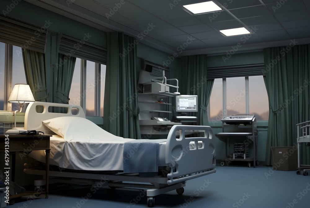 Single patient ward in modern private clinic. Hospital room at evening. Generative AI Single patient ward in modern private clinic. Hospital room at evening. Generative AI
