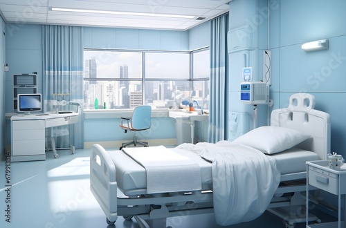 Single patient ward in modern private clinic. Hospital room with city view. Generative AI