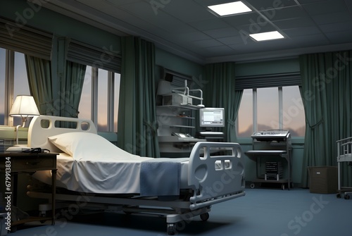 Single patient ward in modern private clinic. Hospital room at evening.  Generative AI
