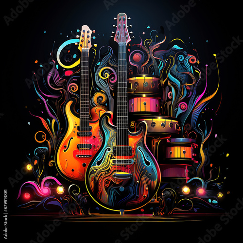 Surreal, psychedelic, neon lit music band instruments, minimalist, on a black background.