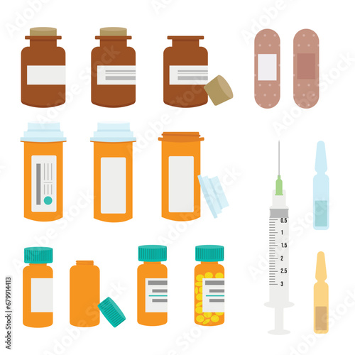 A set of medical bottles, vitamins, pills, syringe, plaster, ampoule. Vector flat illustration with medical objects on transparent background.