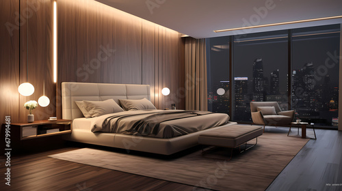 3D rendering modern style bedroom background, bedroom decoration design, white canvas on the wall © ting