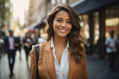 Young beautiful business woman walks on city street during sunset time