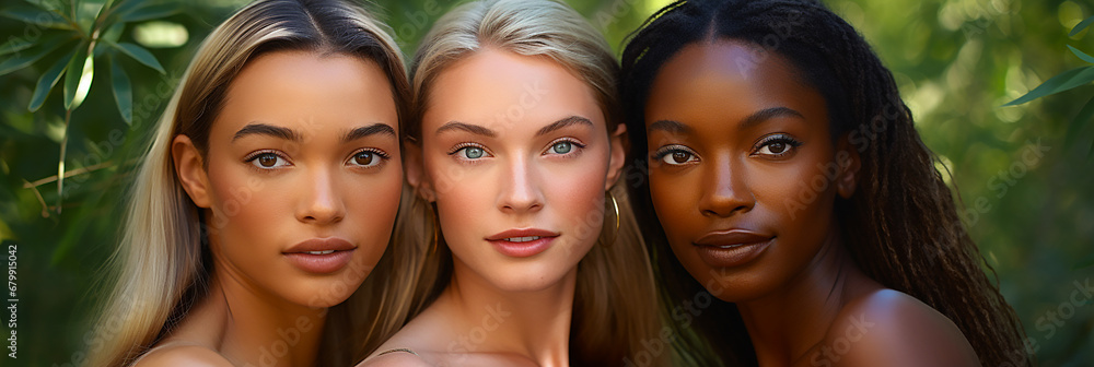 Fototapeta premium Portrait of three beautiful women with different skin tones against forest background