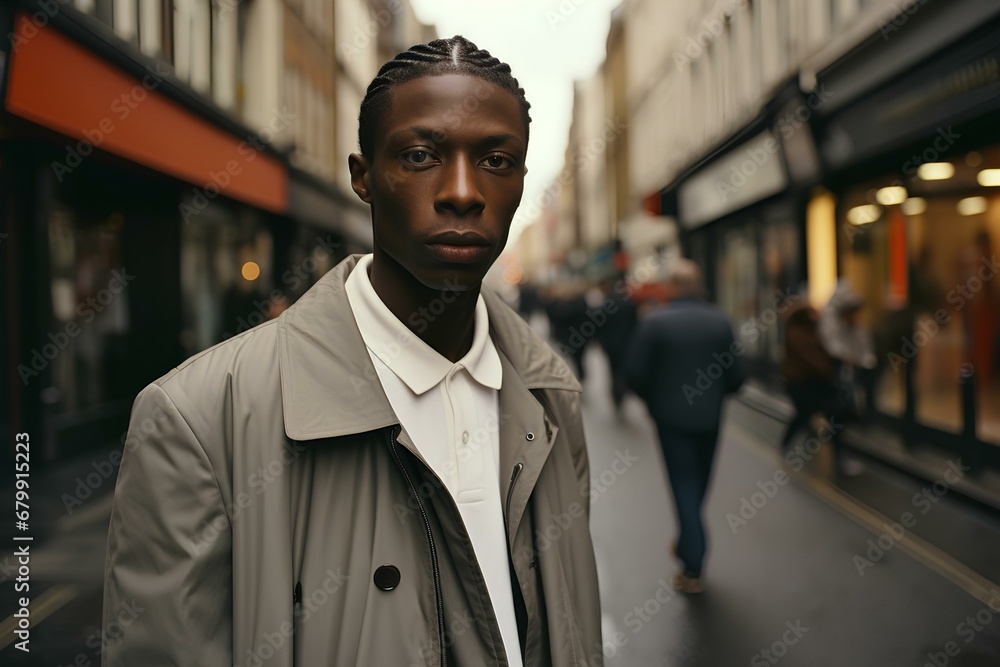 Fototapeta premium a sleek and stylish young black man looking into the camera at Street of London, smooth and shiny. generative AI