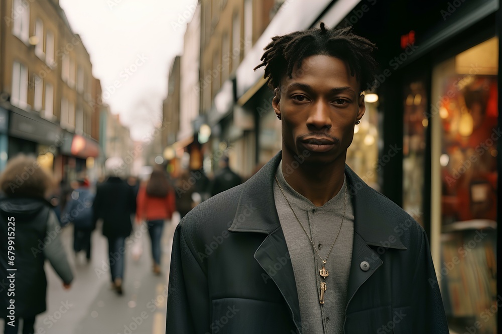 a sleek and stylish young black man looking into the camera at Street of London, smooth and shiny. generative AI a sleek and stylish young black man looking into the camera at Street of London, smooth and shiny. generative AI