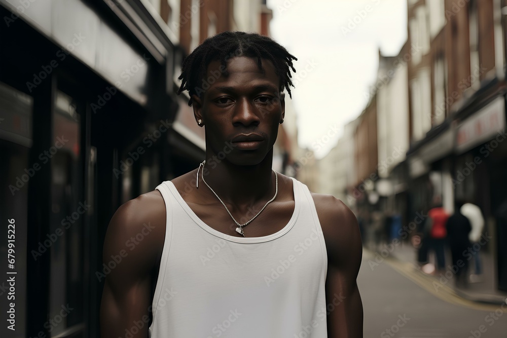 Fototapeta premium a sleek and stylish young black man looking into the camera at Street of London, smooth and shiny. generative AI