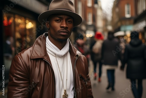 a sleek and stylish young black man looking into the camera at Street of London, smooth and shiny. generative AI