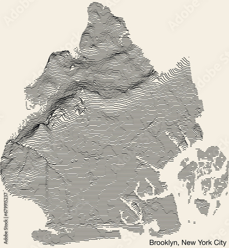 Topographic exaggerated relief map of the borough of BROOKLYN, NEW YORK CITY with solid contour lines and name tag on vintage background