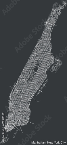 Detailed hand-drawn navigational urban street roads map of the MANHATTAN BOROUGH of the American city of NEW YORK CITY, UNITED STATES with vivid road lines and name tag on solid background