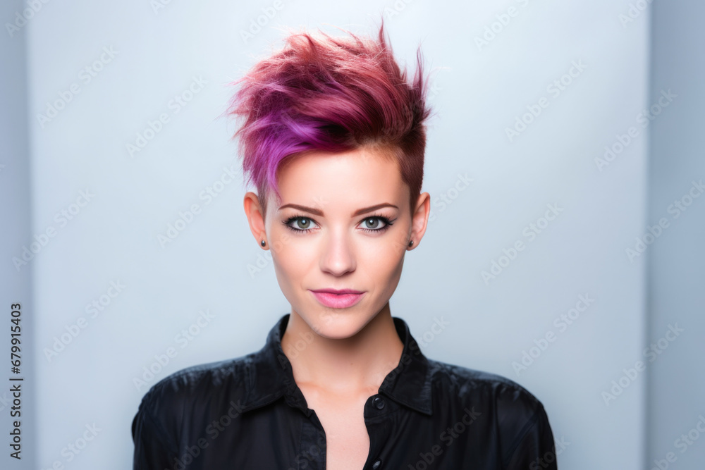Young woman with trendy pink and purple spiked hair, wearing a black shirt, posing against a grey background. A punky dimple style Young woman with trendy pink and purple spiked hair, wearing a black shirt, posing against a grey background. A punky dimple style