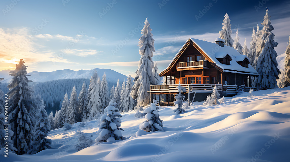 Naklejka premium wood house in the winter