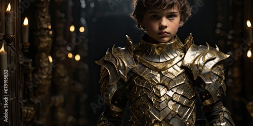 a young boy in armor, standing in a dark place, generative AI © VALUEINVESTOR