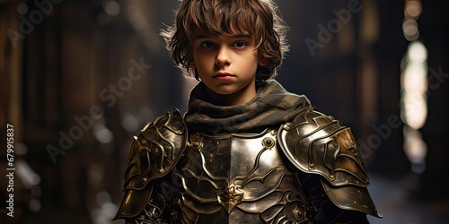 a young boy in armor, standing in a dark place, generative AI
