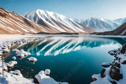 Shot in Tashkent, Uzbekistan, of a lake and a snow-capped mountain