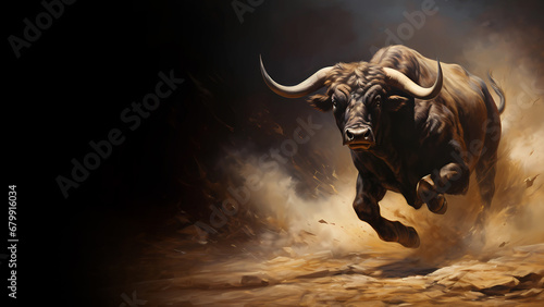 Raging bull charging attack, isolated on black background, copy space, 16:9