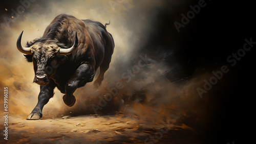 Raging bull charging attack, isolated on black background, copy space, 16:9 photo