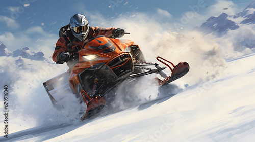 driving snowmobile motor in winter, snow, sport