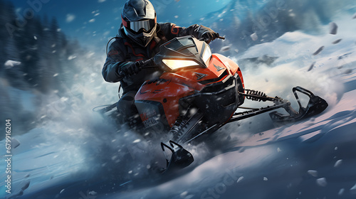 driving snowmobile motor in winter, snow, sport