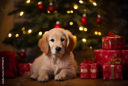 A Golden Retriever Puppy Reclining Beneath a Christmas Tree Surrounded by Presents