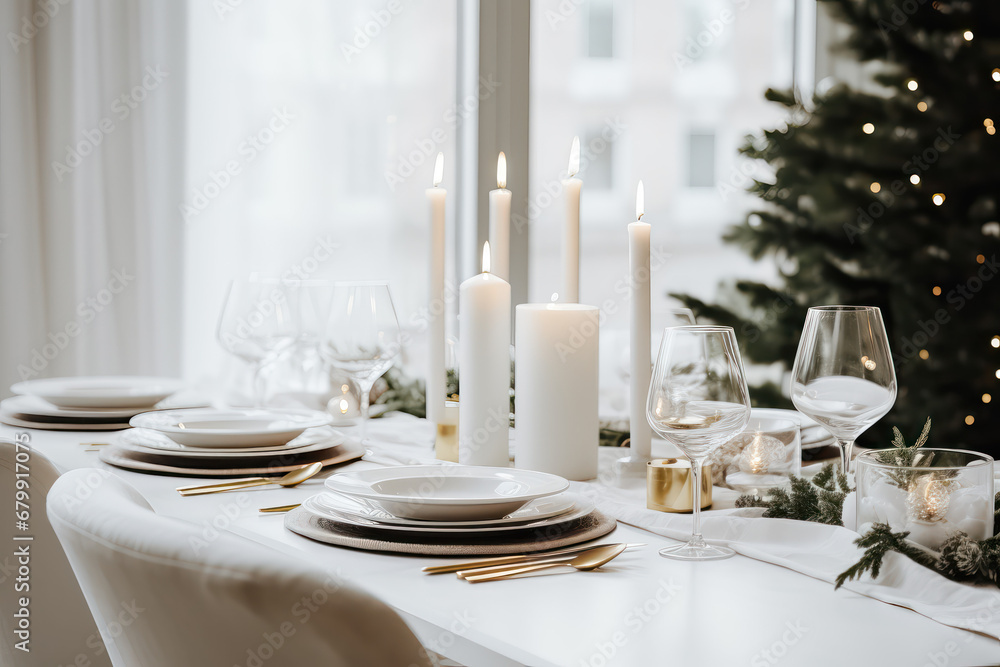 Bright White Table Setting for Christmas Feast Dinner 
