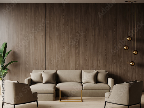 Livingroom or buisness lounge in deep beige colors. Set furniture ivory taupe tan and gray. Empty wall mockup - decorative wood veneer. Luxury interior design reception room. Golden accent. 3d render 