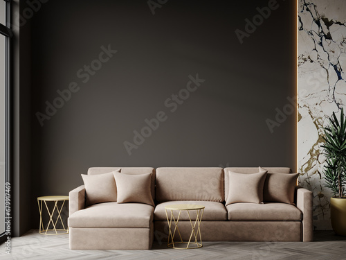 Dark room with accents. Beige ivory large sofa and golden tables, marble slabs. Deep black paint wall for art. Trendy modern minimalist interior design mockup. Background empty. 3d rendering  photo