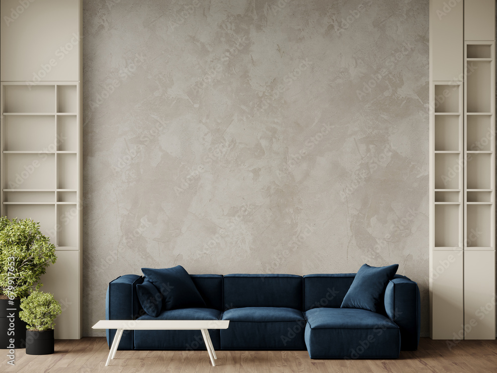 Living room with dark blue navy accent rich sofa. Beige ivory plaster ...