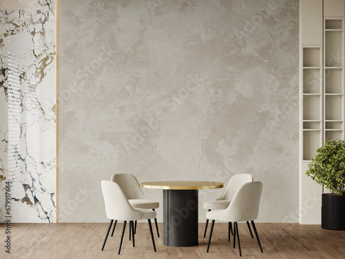 Fototapeta Naklejka Na Ścianę i Meble -  Dining room in light ivory colors. Beige and taupe with black details. Golden accent table. Minimalistic room with texture plaster microcement walls. Menu template or mockup invitation. 3d rendering 