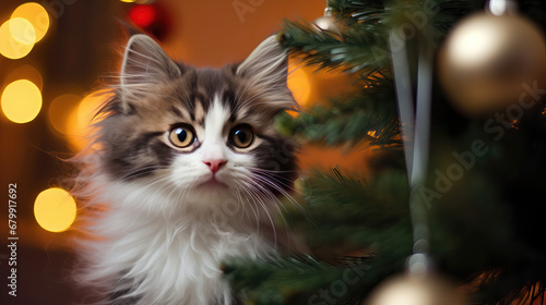 Cat by the Christmas Tree 