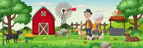 Grandparents Enjoying Outdoor Scene with Pet Dogs