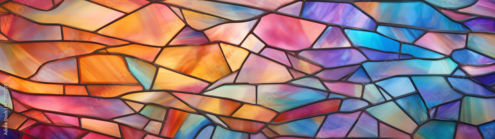 Fototapeta premium Stained glass with a beautiful rainbow-colored grid pattern, for wallpaper, 32:9 ratio, 8K