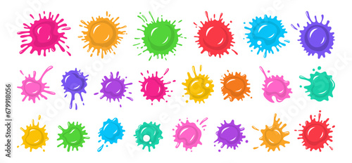 Splash paint splatter shape colorful cartoon set. Stain and splat flat collection, shapes liquids drop icon splatter. Different splashes and drops colored ink collection. Isolated vector illustration