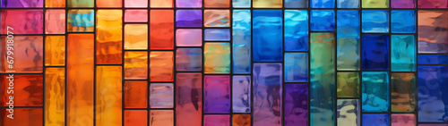 Stained glass with a beautiful rainbow-colored grid pattern, for wallpaper, 32:9 ratio, 8K